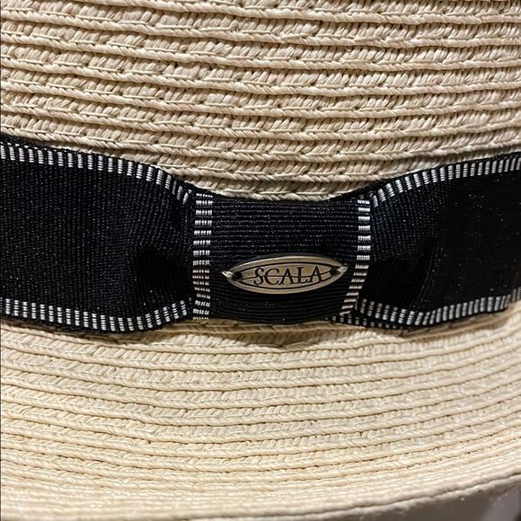 Scala Cream and Black Paper Straw Fedora Hat Mens Size Small/Medium - Picture 4 of 11
